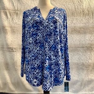 Women’s INC Long Sleeve Split Neck Blue Top, NWT, 1X